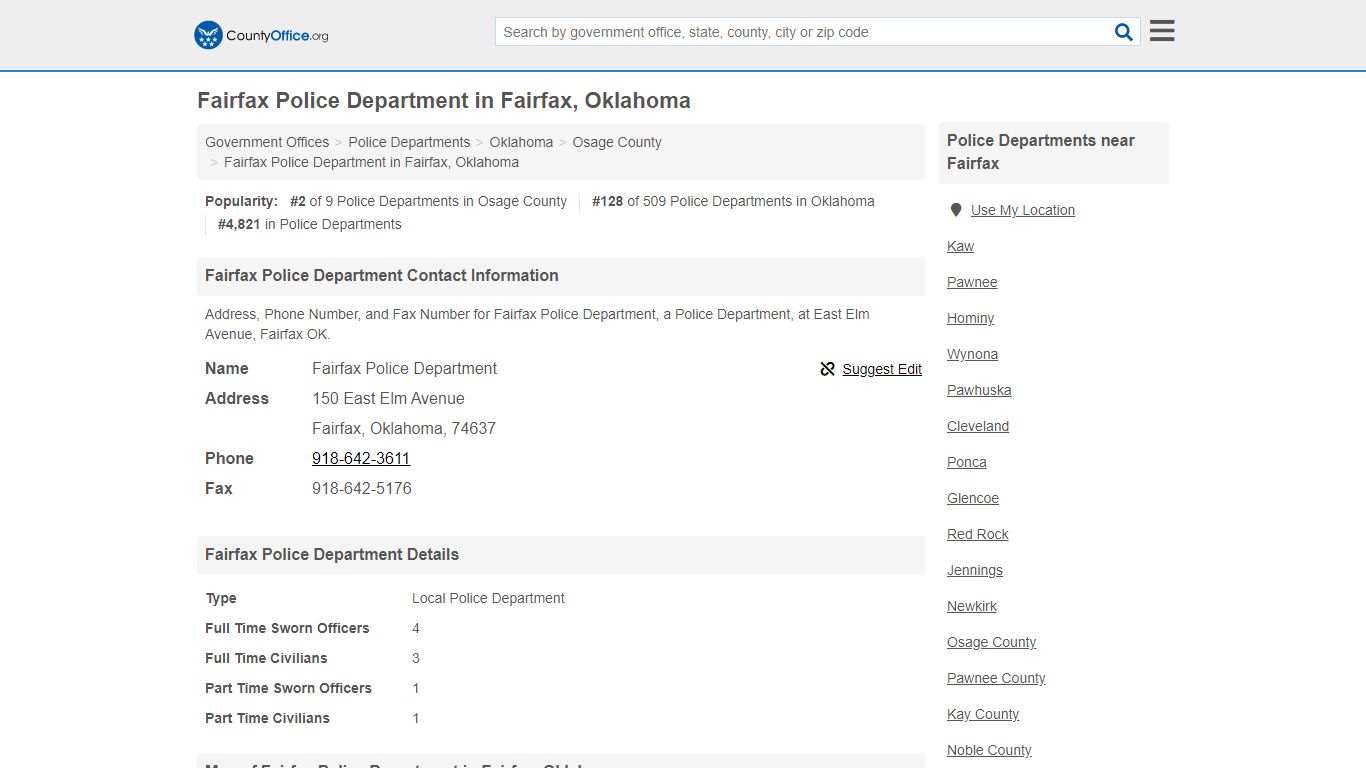 Fairfax Police Department - Fairfax, OK (Address, Phone, and Fax)