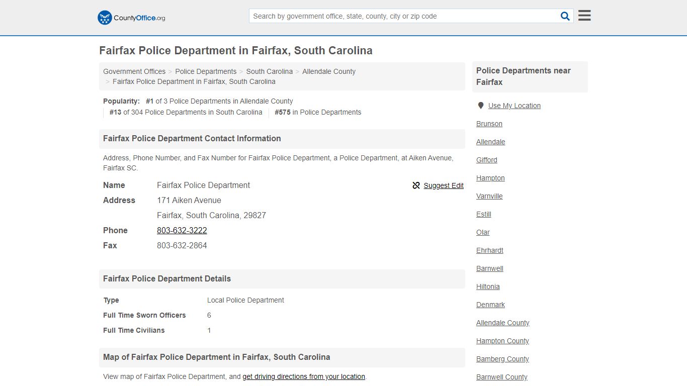 Fairfax Police Department - Fairfax, SC (Address, Phone, and Fax)
